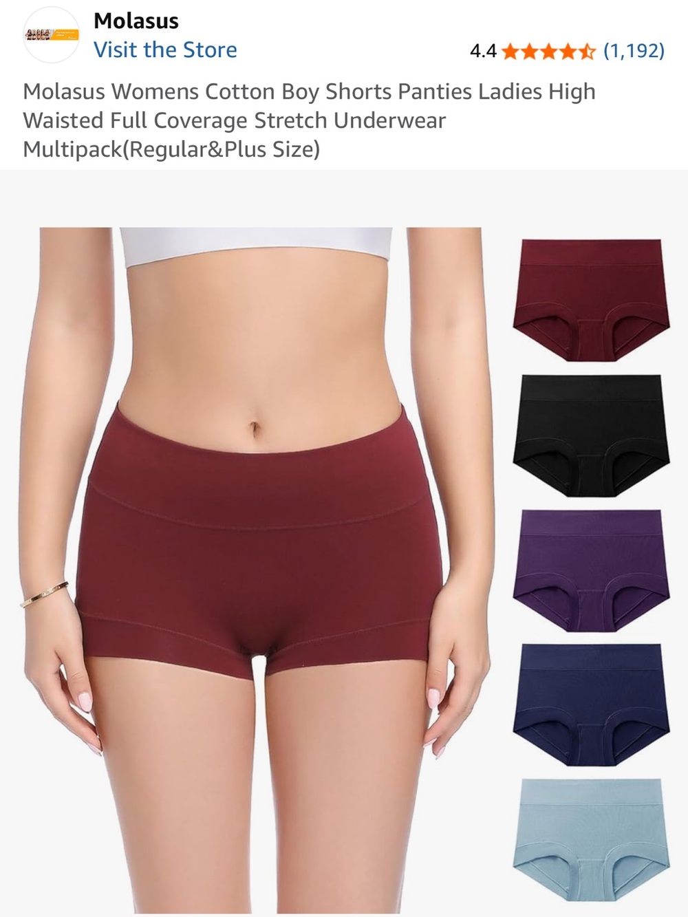 Molasus Womens High Waist Cotton Boyshort Underwear 5-Pack Small Multicolor NEW - Picture 2 of 10